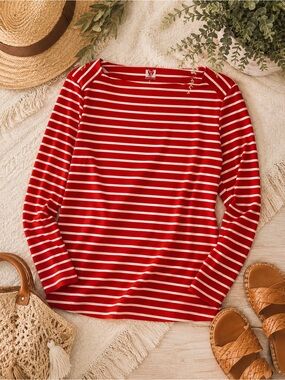 Anne Klein Red & White Stripe Top Size L Boatneck